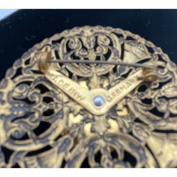 Vintage Brooch Oxidized Gold Tone Blue Accents Blue Stone W Germany - Picture 3 of 11